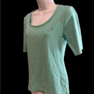 Tommy Hilfiger Women's Mint Green Dotted Tee Scoop Neck, Short Sleeve Top Size M